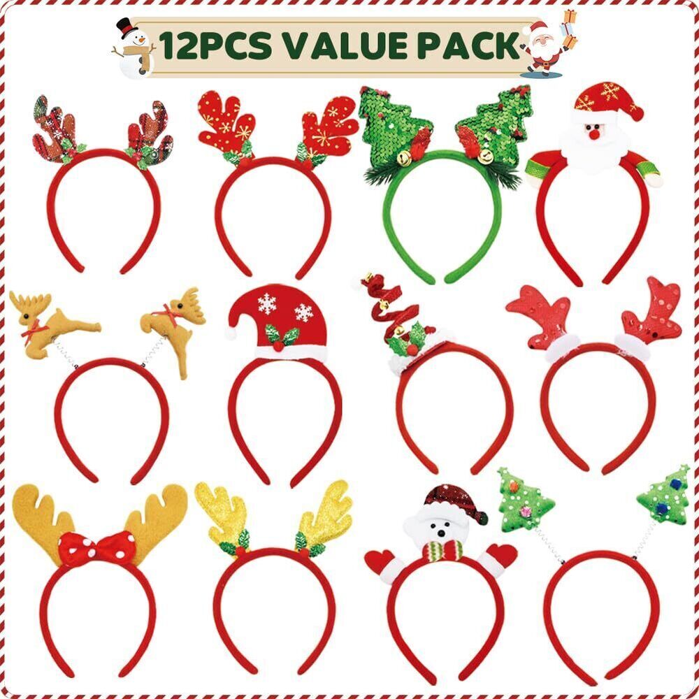 1995 12Pcs Christmas Headbands, Sequin Reindeer Antler Xmas Tree Snowman